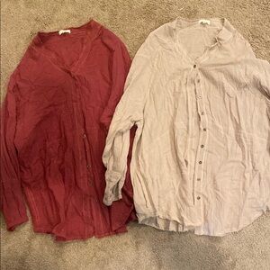 Women's Button Down Shirts - Red and Cream
